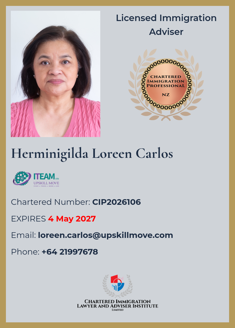 Herminigilda Loreen Carlos’s supplied professional credential card, chartered number CIP2026106
